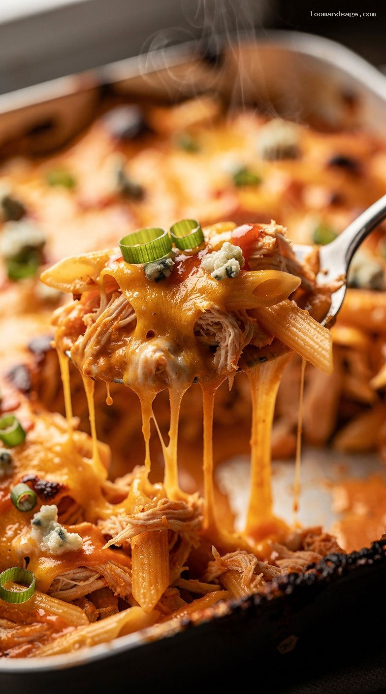Buffalo Chicken Pasta Bake With Cheddar and Ranch – Closeup