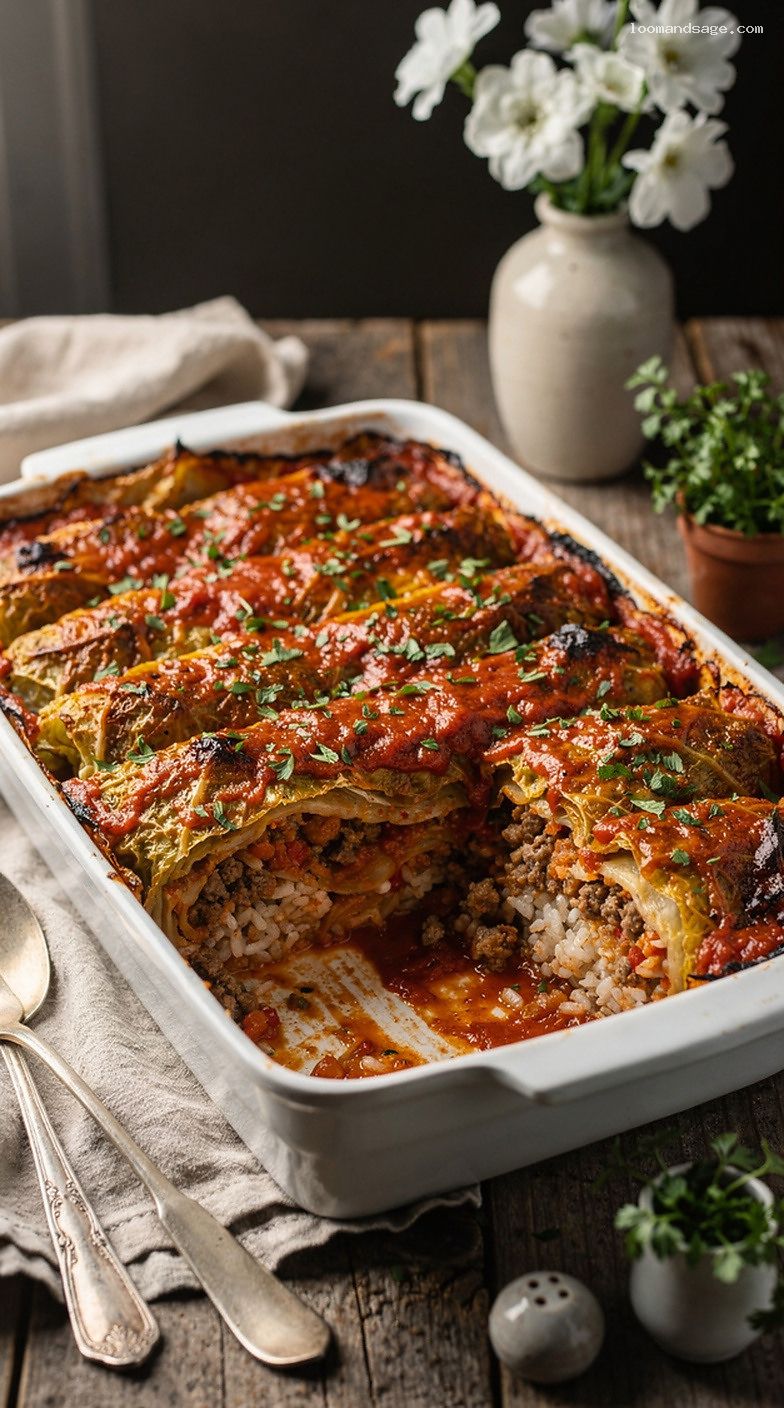 Cabbage Roll Casserole With Meat, Rice, and Tomato Sauce
