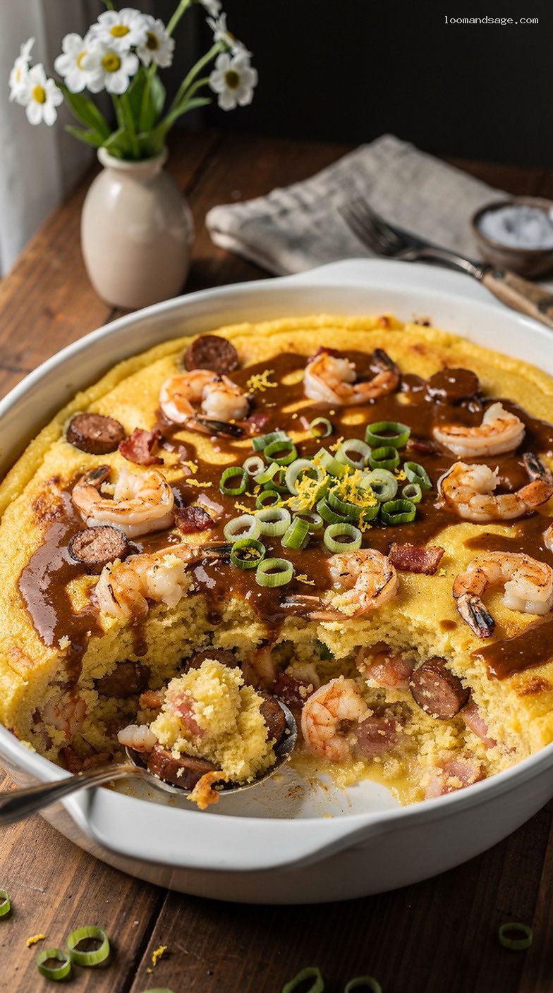 Cajun Shrimp and Grits Casserole With Cheddar and Sausage