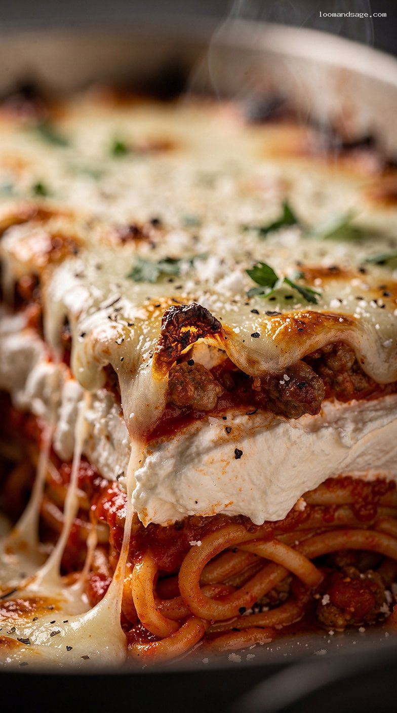 Cheesy Baked Spaghetti Casserole With Meat Sauce – Closeup