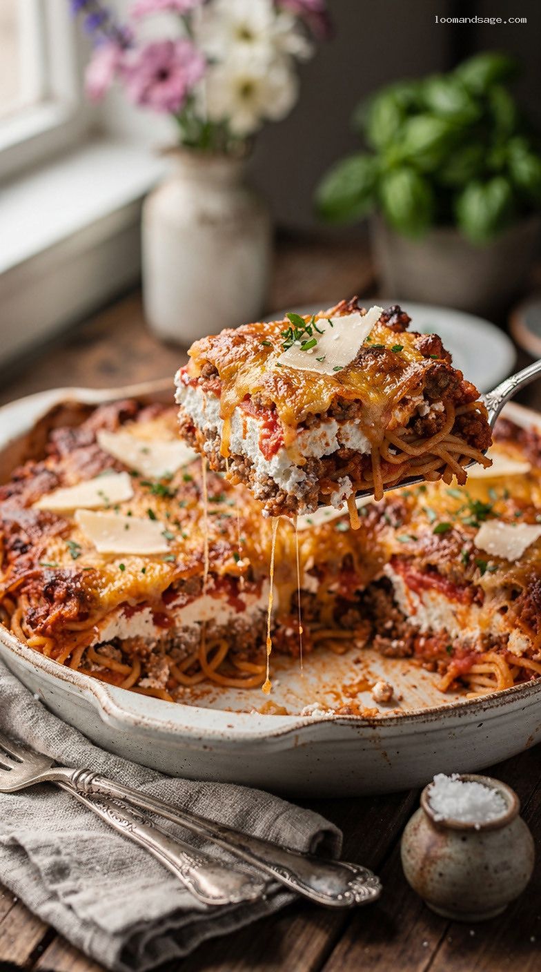 Cheesy Baked Spaghetti Casserole With Meat Sauce