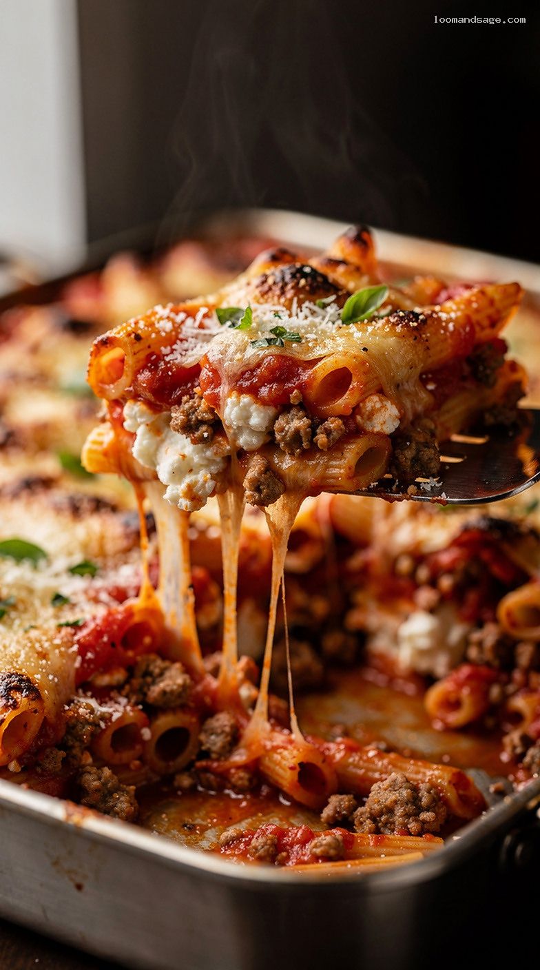 Cheesy Baked Ziti With Italian Sausage and Ricotta – Closeup