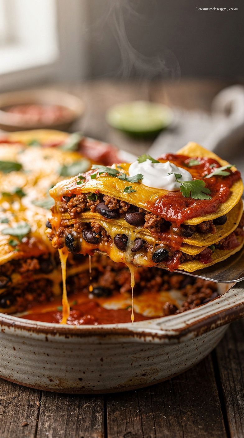 Cheesy Beef and Bean Enchilada Casserole Bake – Closeup