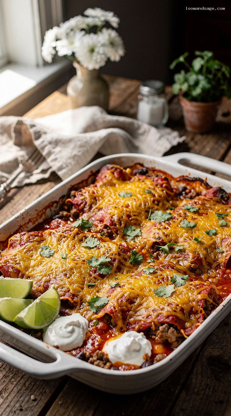 Cheesy Beef and Bean Enchilada Casserole Bake