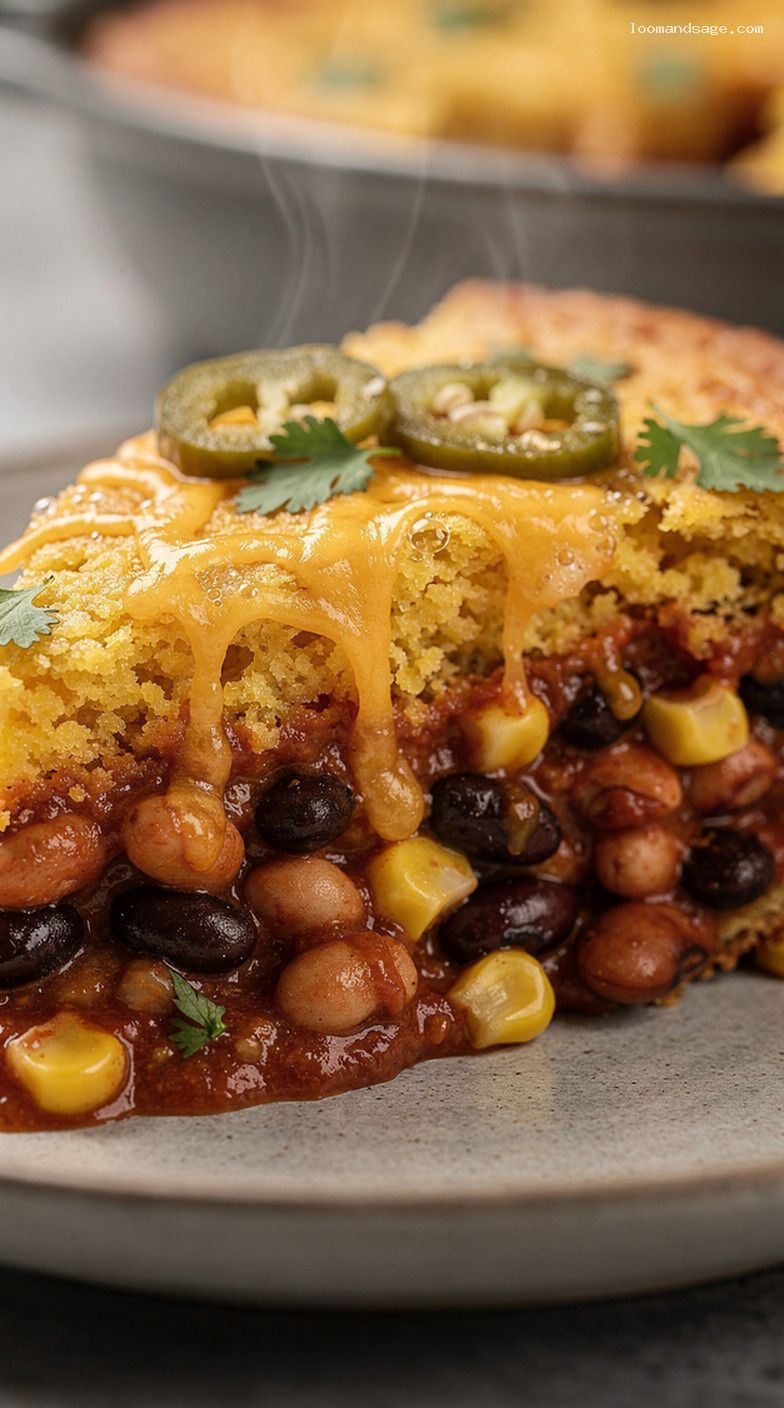 Cheesy Jalapeño Tamale Pie Casserole with Cornbread Topping – Closeup