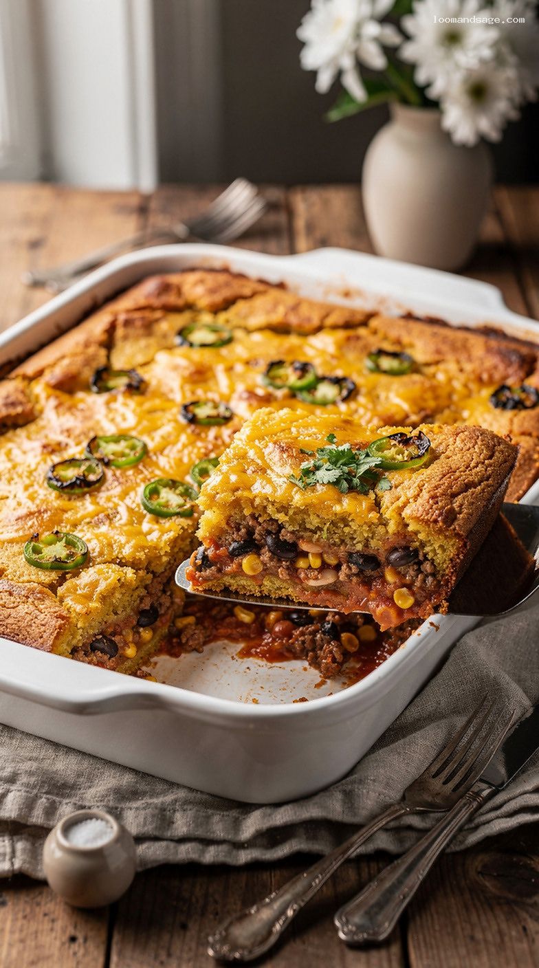 Cheesy Jalapeño Tamale Pie Casserole with Cornbread Topping
