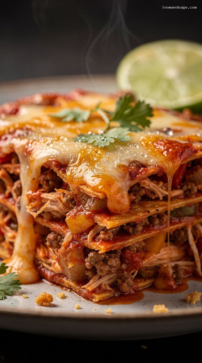 Cheesy Red Enchilada Casserole with Chicken or Beef – Closeup