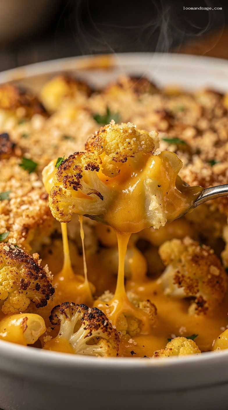 Cheesy Roasted Cauliflower Mac Casserole With Crunchy Breadcrumbs – Closeup