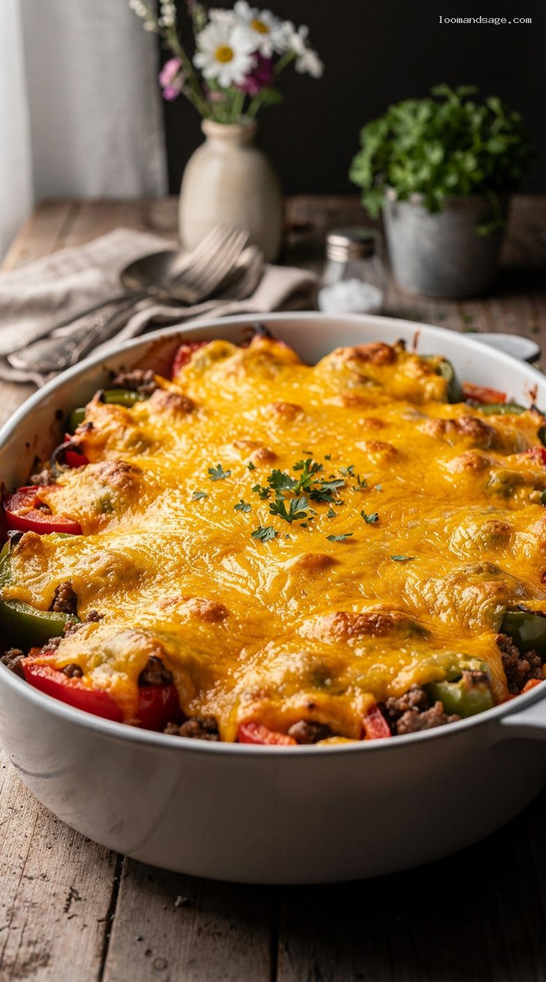 Cheesy Stuffed Pepper Casserole With Beef, Rice, and Peppers