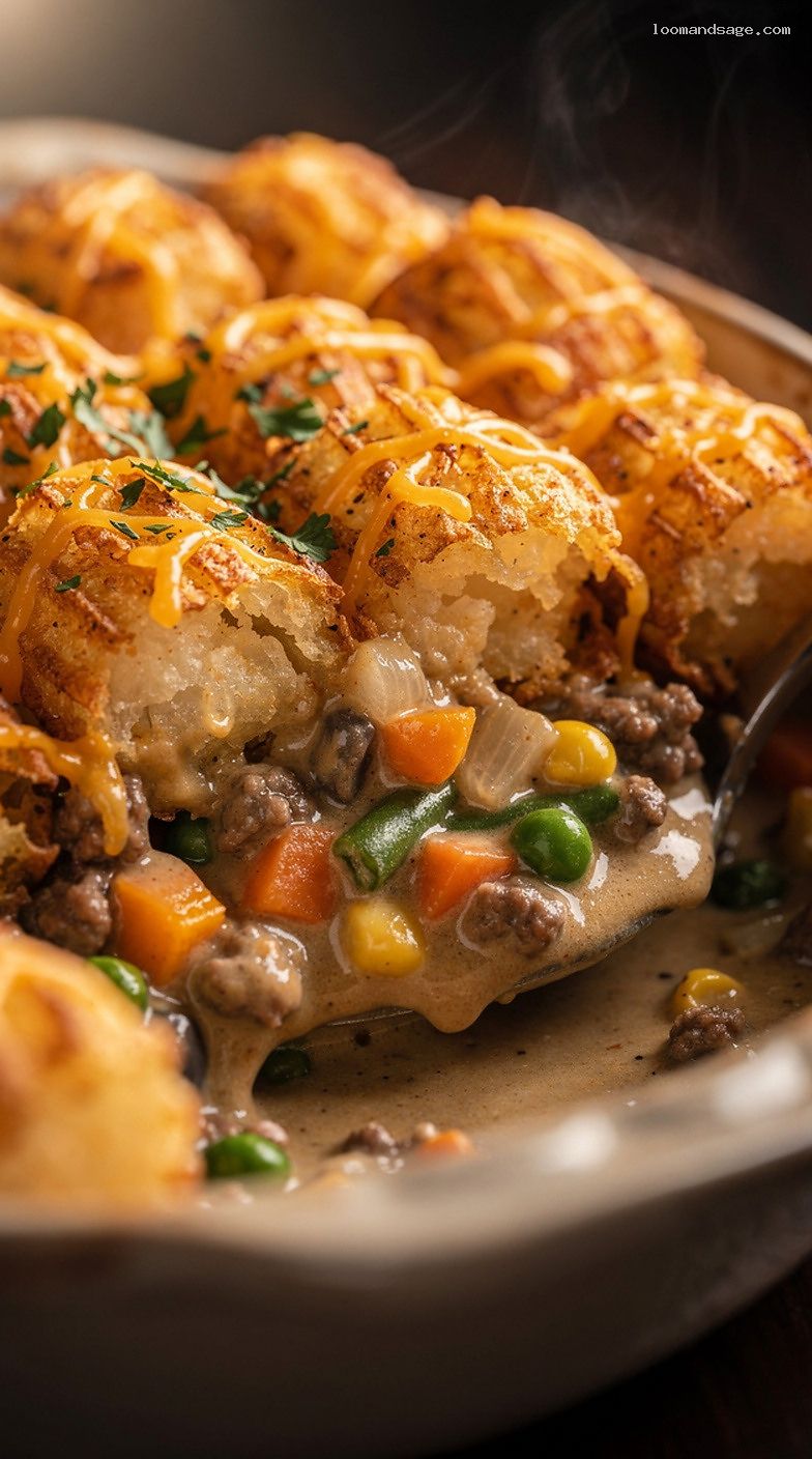 Cheesy Tater Tot Hotdish with Ground Beef and Creamy Mushroom Sauce – Closeup