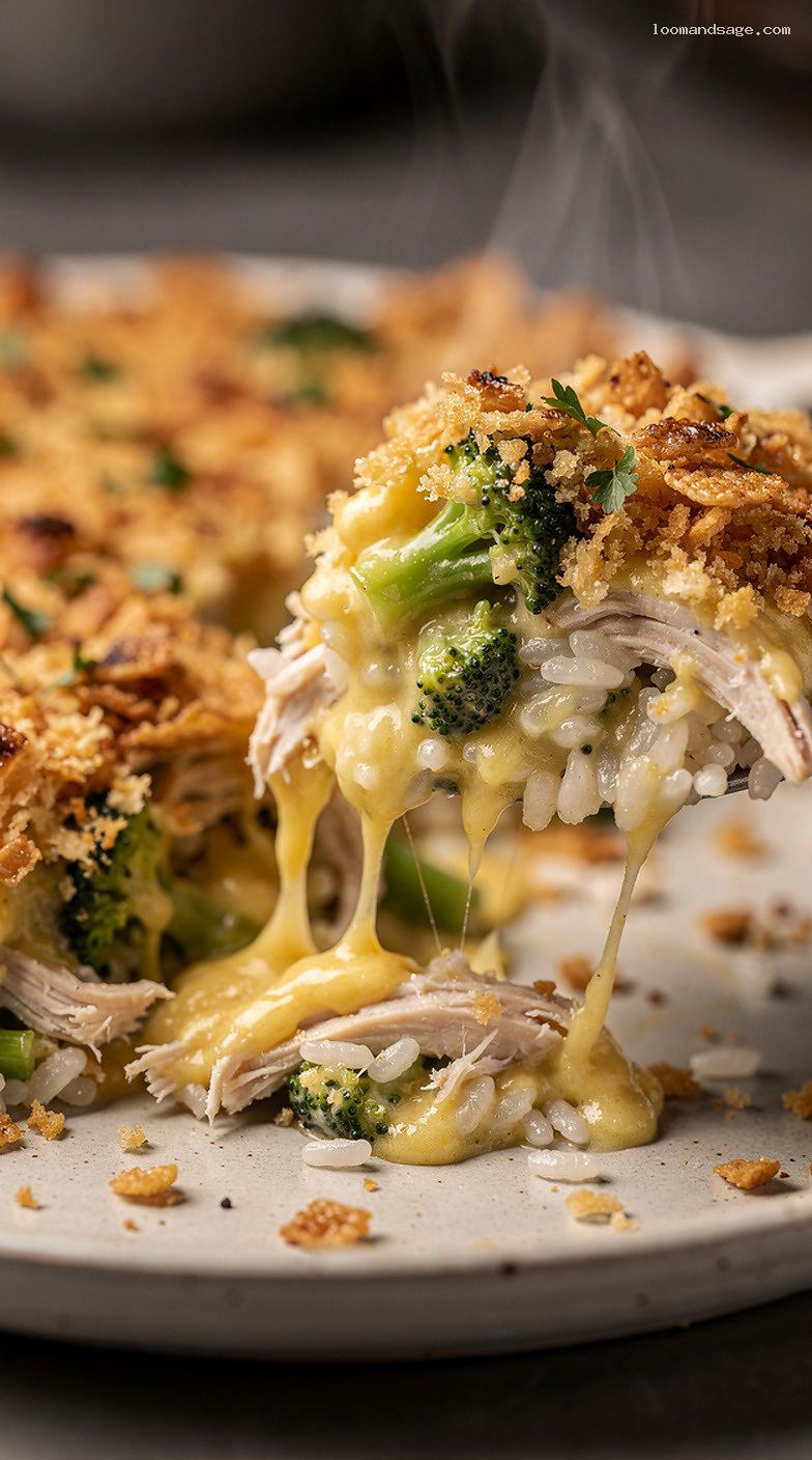 Chicken, Broccoli, and Cheddar Rice Casserole with Crunchy Topping – Closeup