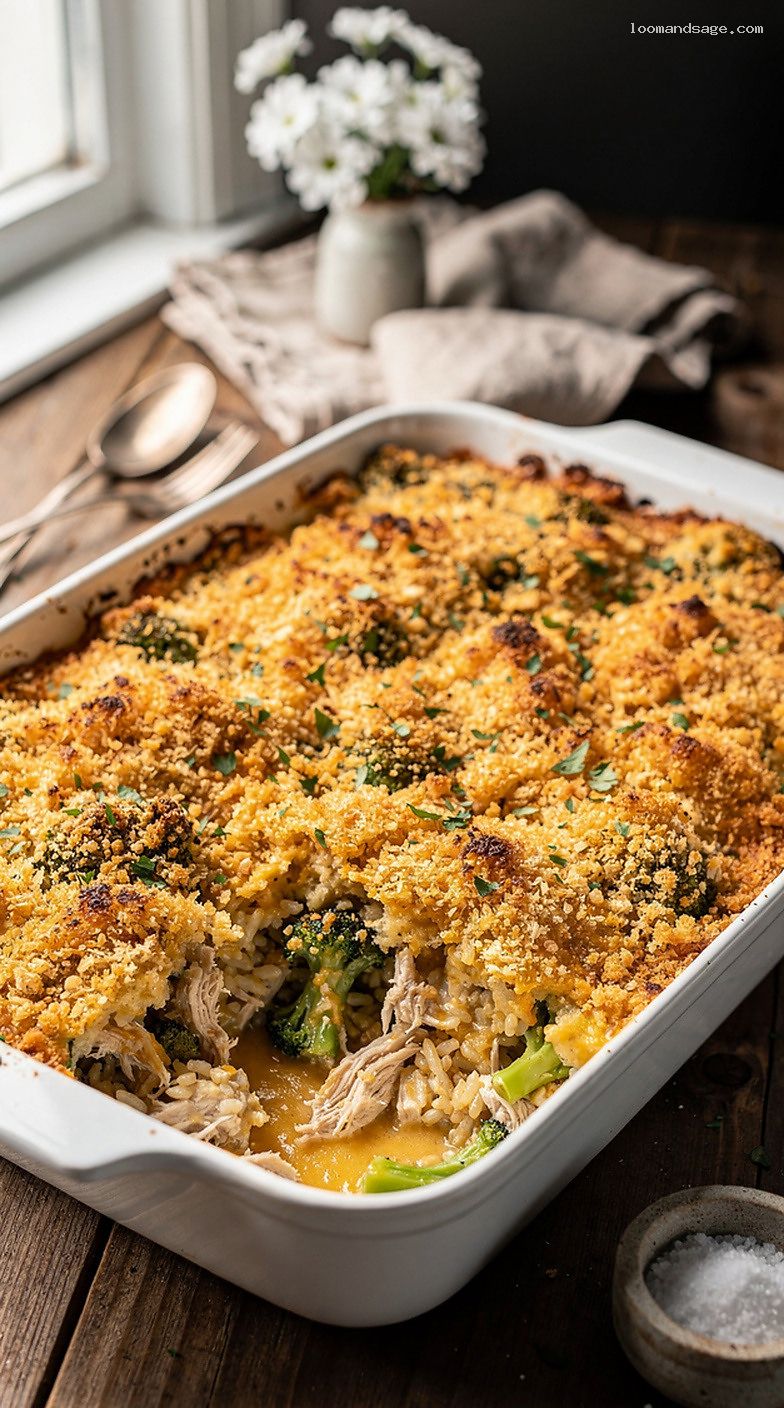 Chicken, Broccoli, and Cheddar Rice Casserole with Crunchy Topping