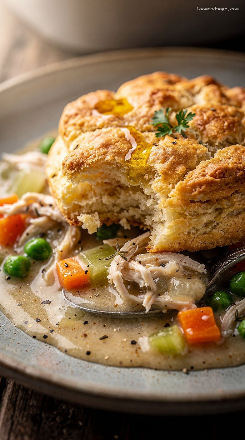 Chicken Pot Pie Biscuit Casserole With Creamy Thyme Gravy – Closeup