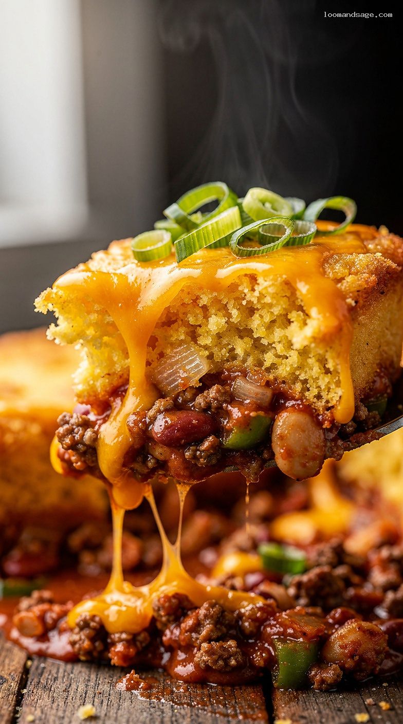 Chili Cornbread Casserole With Cheddar and Scallions – Closeup
