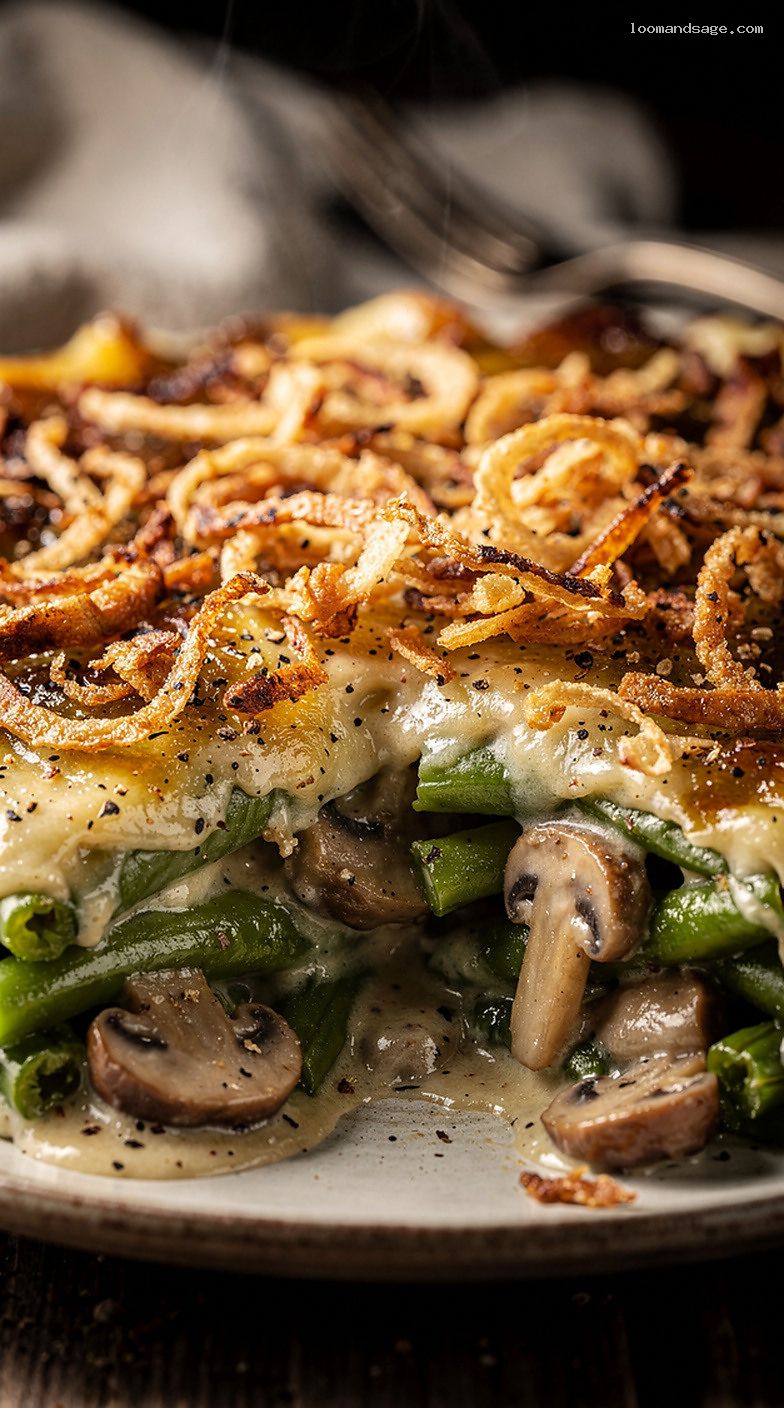Classic Green Bean Casserole With Crispy Fried Onion Topping – Closeup