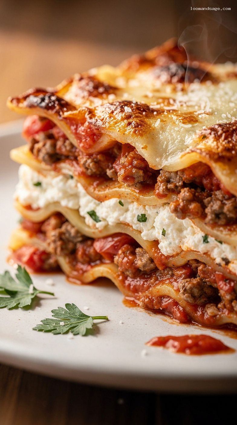Classic Meat Lasagna With Ricotta and Mozzarella – Closeup
