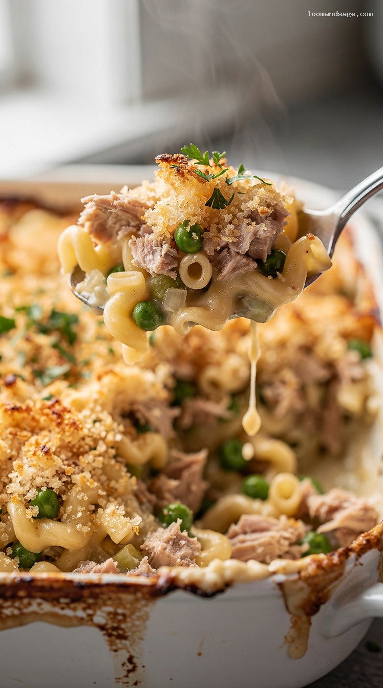 Classic Tuna Noodle Casserole With Peas and Crunchy Topping – Closeup