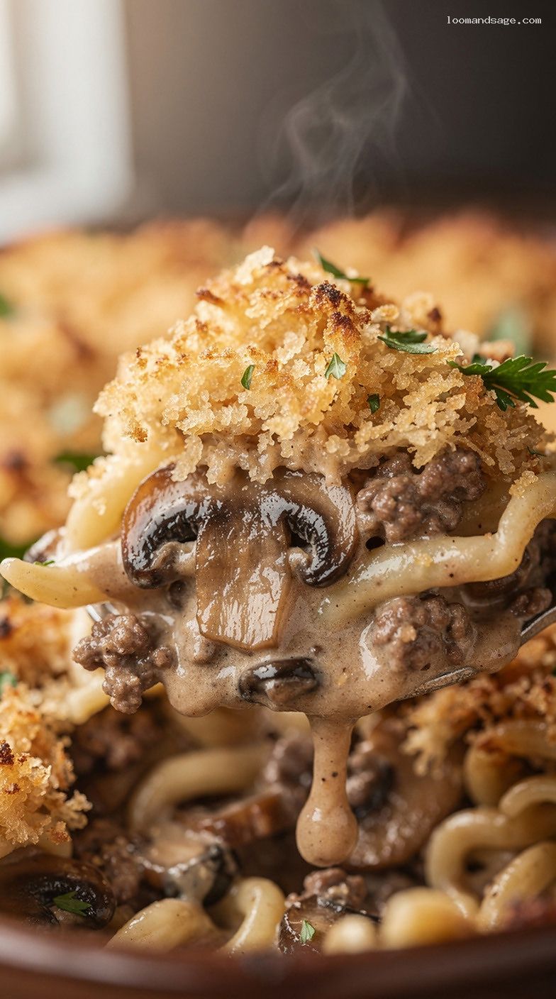 Creamy Beef Stroganoff Casserole With Egg Noodles – Closeup