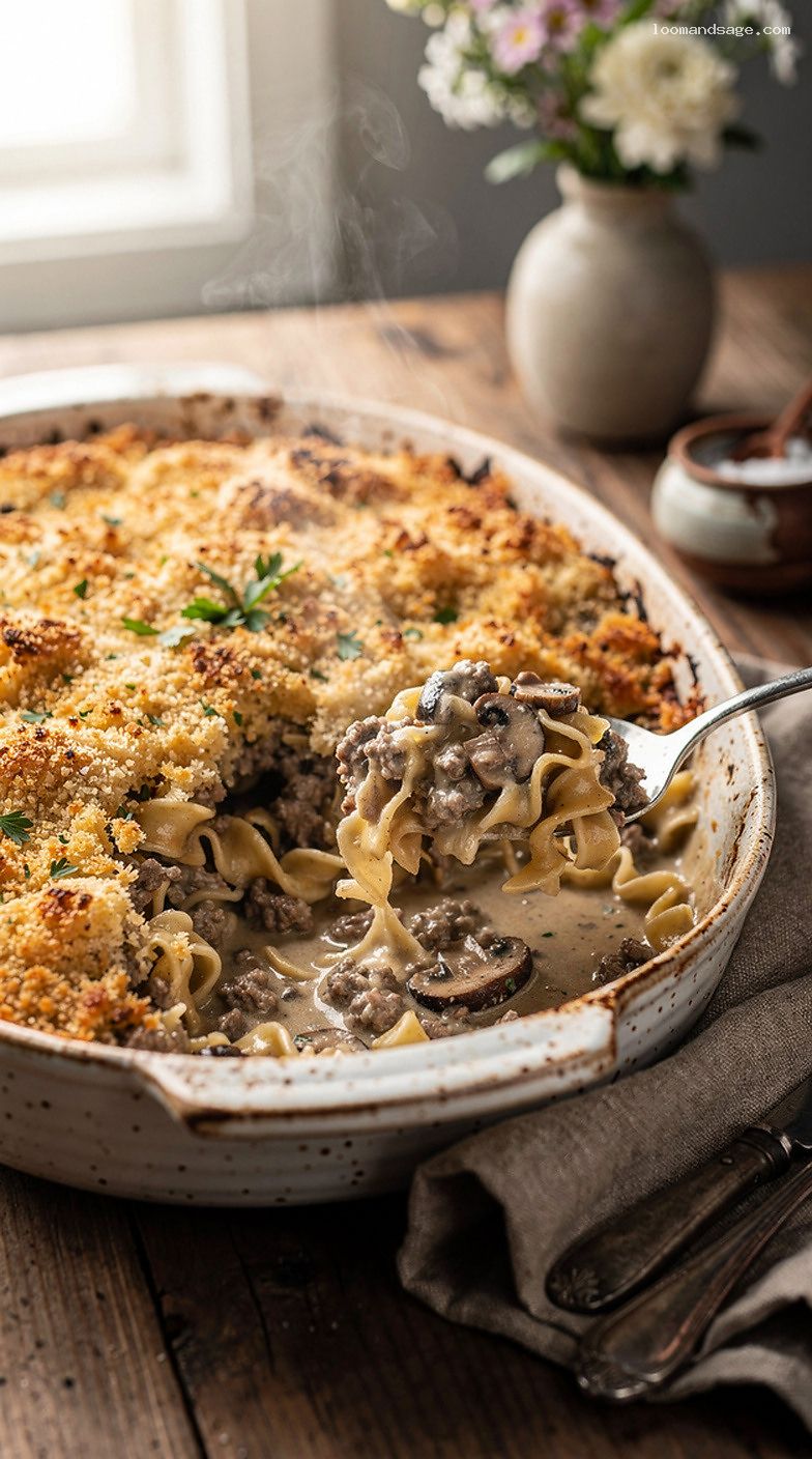 Creamy Beef Stroganoff Casserole With Egg Noodles