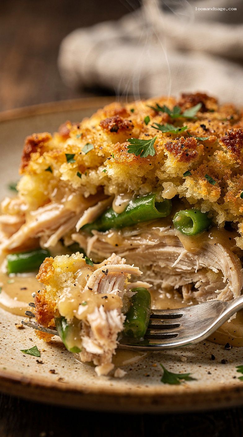 Creamy Chicken and Stuffing Casserole with Green Beans – Closeup
