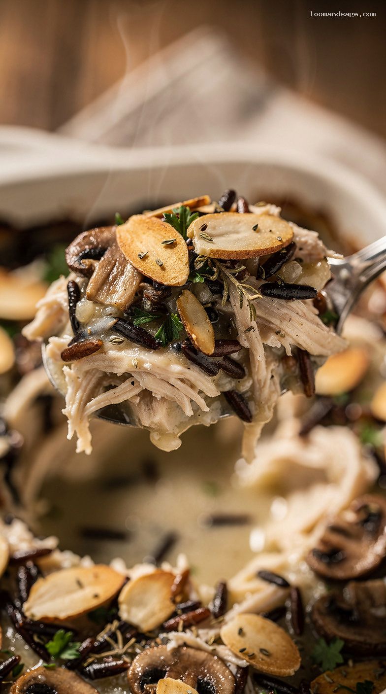 Creamy Chicken and Wild Rice Casserole with Mushrooms and Herbs – Closeup