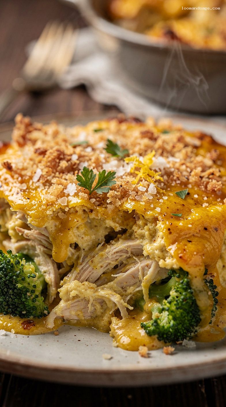 Creamy Chicken Divan With Broccoli and Cheddar Breadcrumb Topping – Closeup