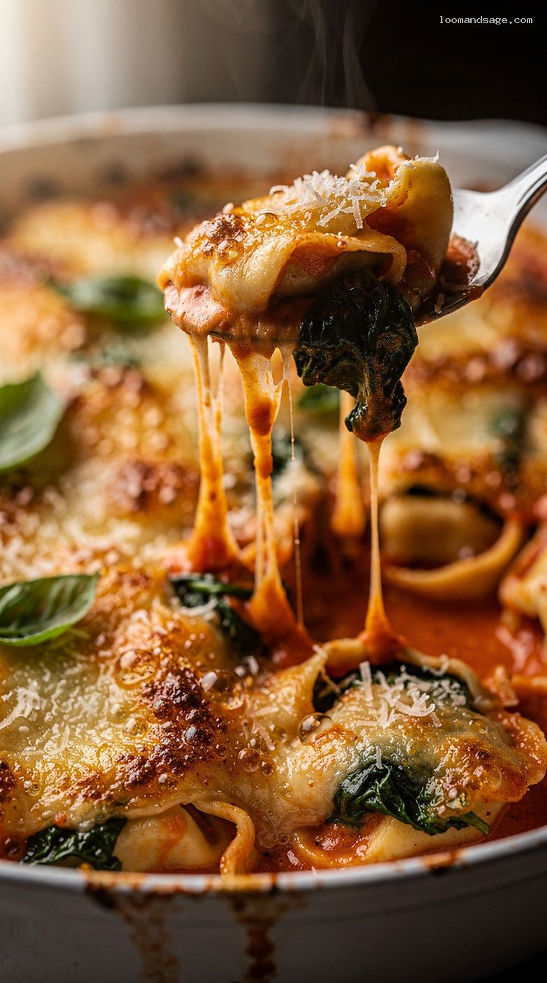 Creamy Tomato Basil Tortellini Bake With Spinach and Mozzarella – Closeup