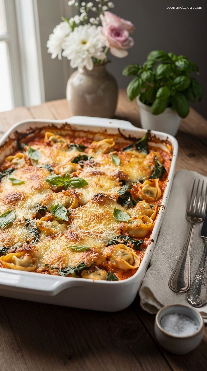 Creamy Tomato Basil Tortellini Bake With Spinach and Mozzarella