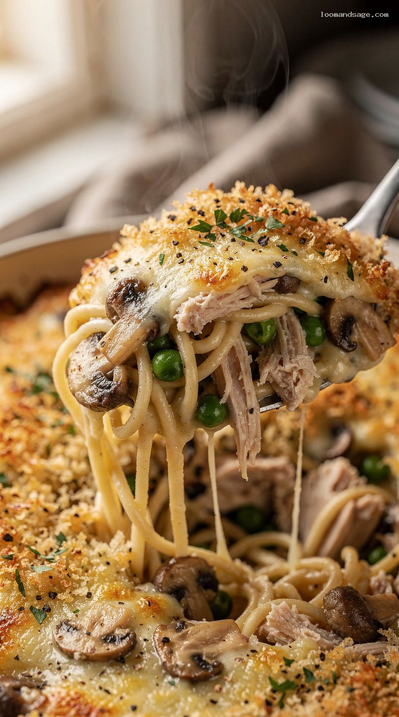Creamy Turkey Tetrazzini with Mushrooms, Peas, and Mozzarella – Closeup