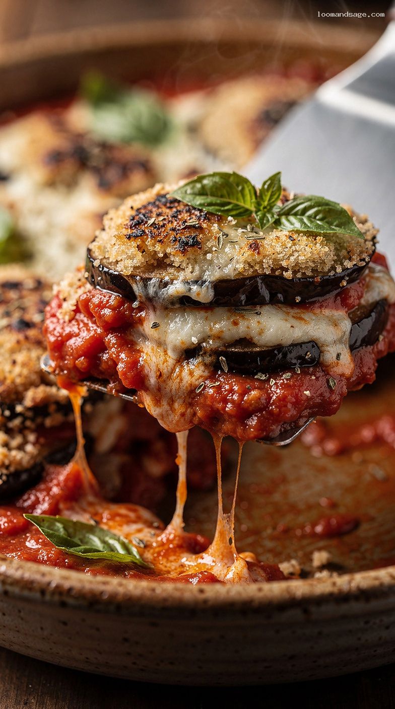 Eggplant Parmesan Casserole with Marinara, Mozzarella, and Parmesan – Closeup