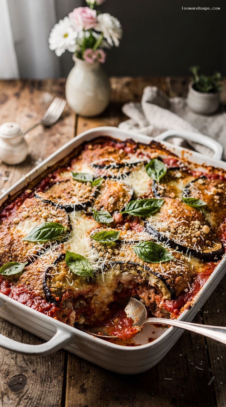Eggplant Parmesan Casserole with Marinara, Mozzarella, and Parmesan