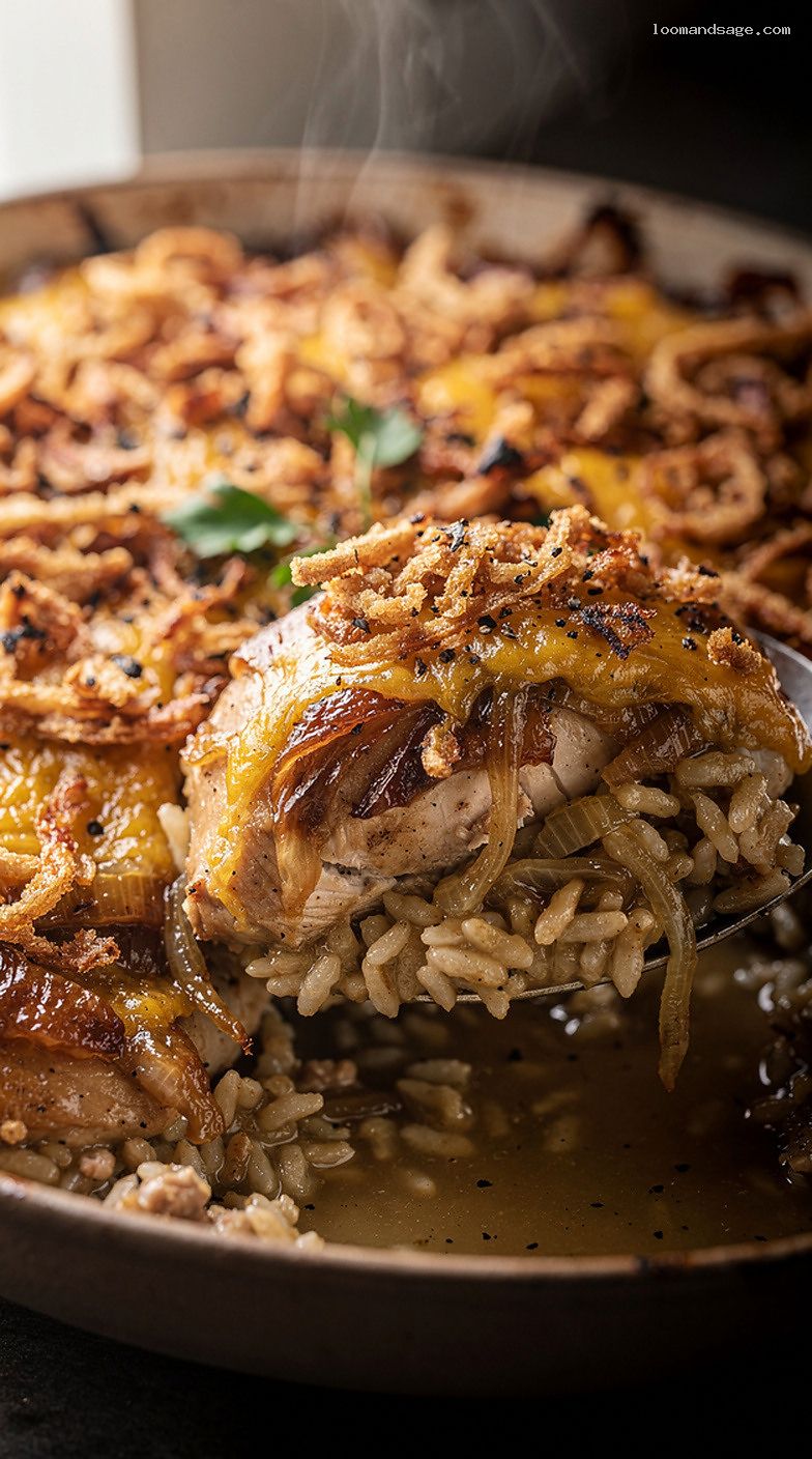 French Onion Chicken and Rice Casserole with Gruyère and Crispy Onions – Closeup