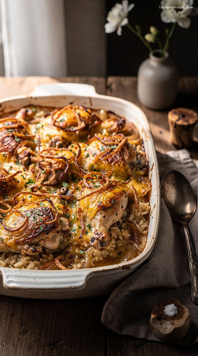 French Onion Chicken and Rice Casserole with Gruyère and Crispy Onions
