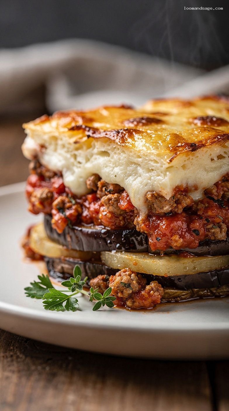 Greek Moussaka Casserole With Eggplant, Spiced Meat, and Béchamel – Closeup