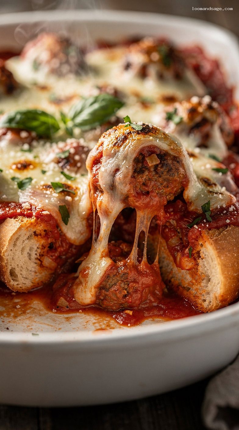 Meatball Parmesan Sub Casserole with Toasted Hoagie and Provolone – Closeup
