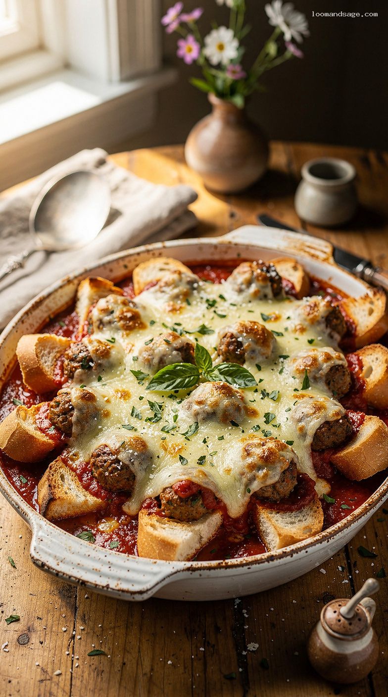 Meatball Parmesan Sub Casserole with Toasted Hoagie and Provolone