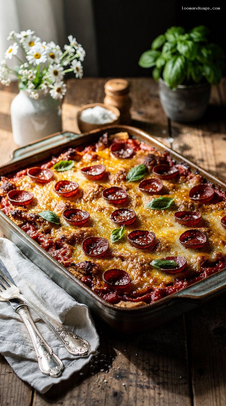 Pepperoni Pizza Casserole With Mozzarella and Marinara
