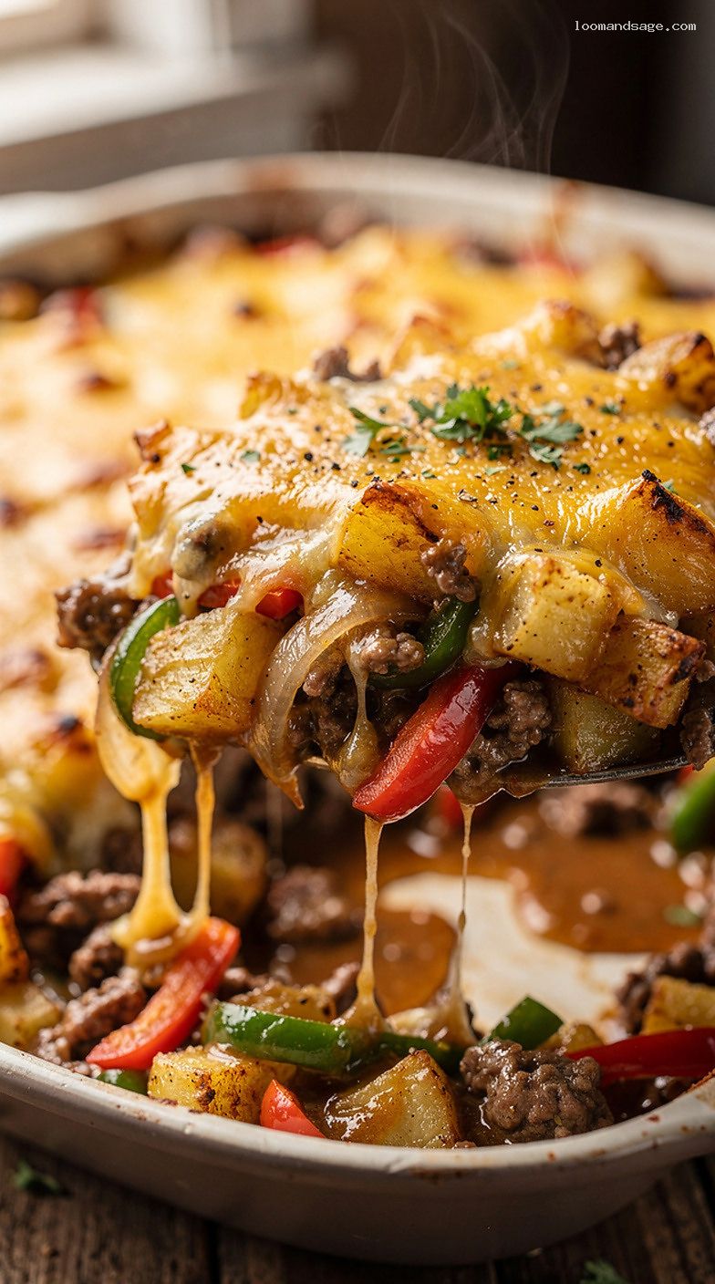 Philly Cheesesteak Casserole With Peppers, Onions, and Provolone – Closeup