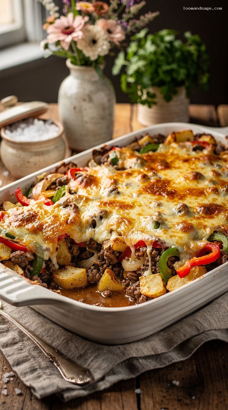 Philly Cheesesteak Casserole With Peppers, Onions, and Provolone