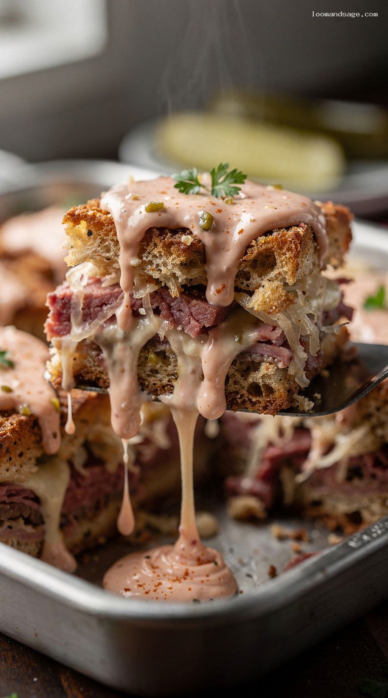 Reuben Casserole With Corned Beef, Sauerkraut, Rye, and Swiss – Closeup