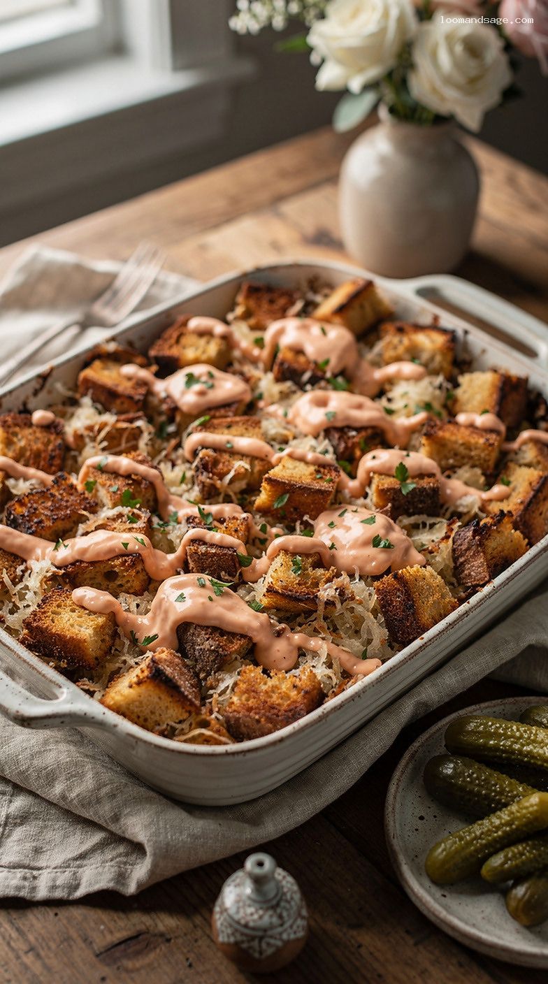 Reuben Casserole With Corned Beef, Sauerkraut, Rye, and Swiss