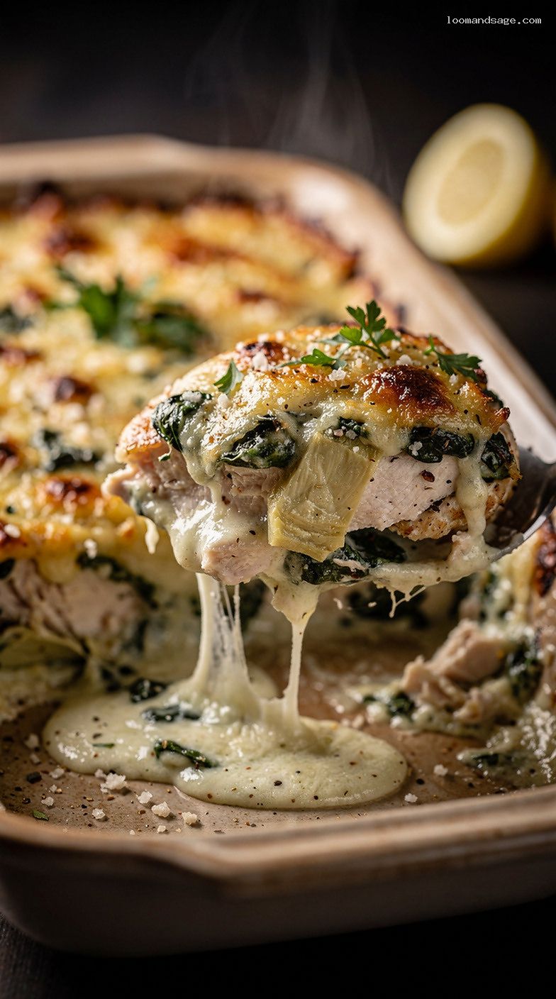 Spinach Artichoke Chicken Casserole with Parmesan and Mozzarella – Closeup