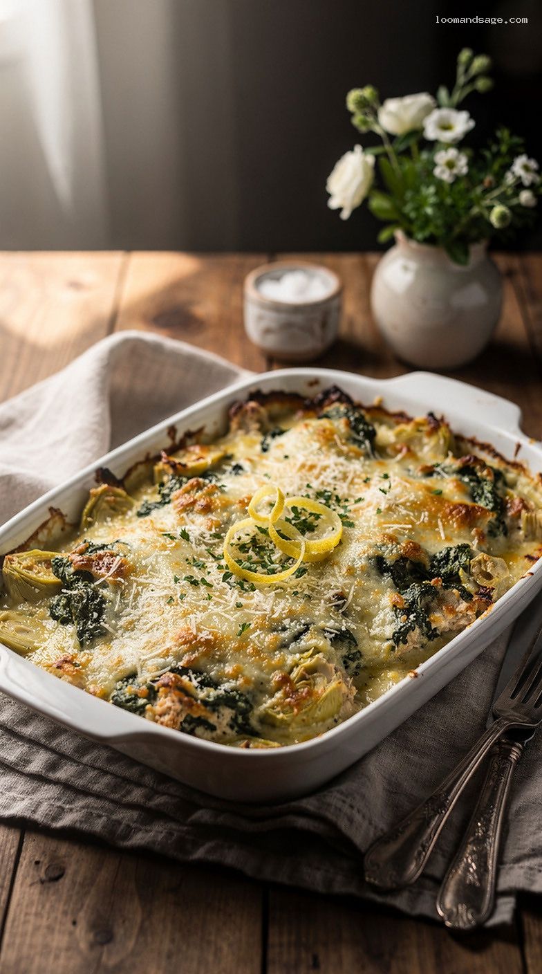Spinach Artichoke Chicken Casserole with Parmesan and Mozzarella