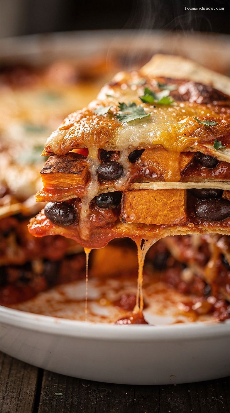 Sweet Potato and Black Bean Enchilada Casserole – Closeup