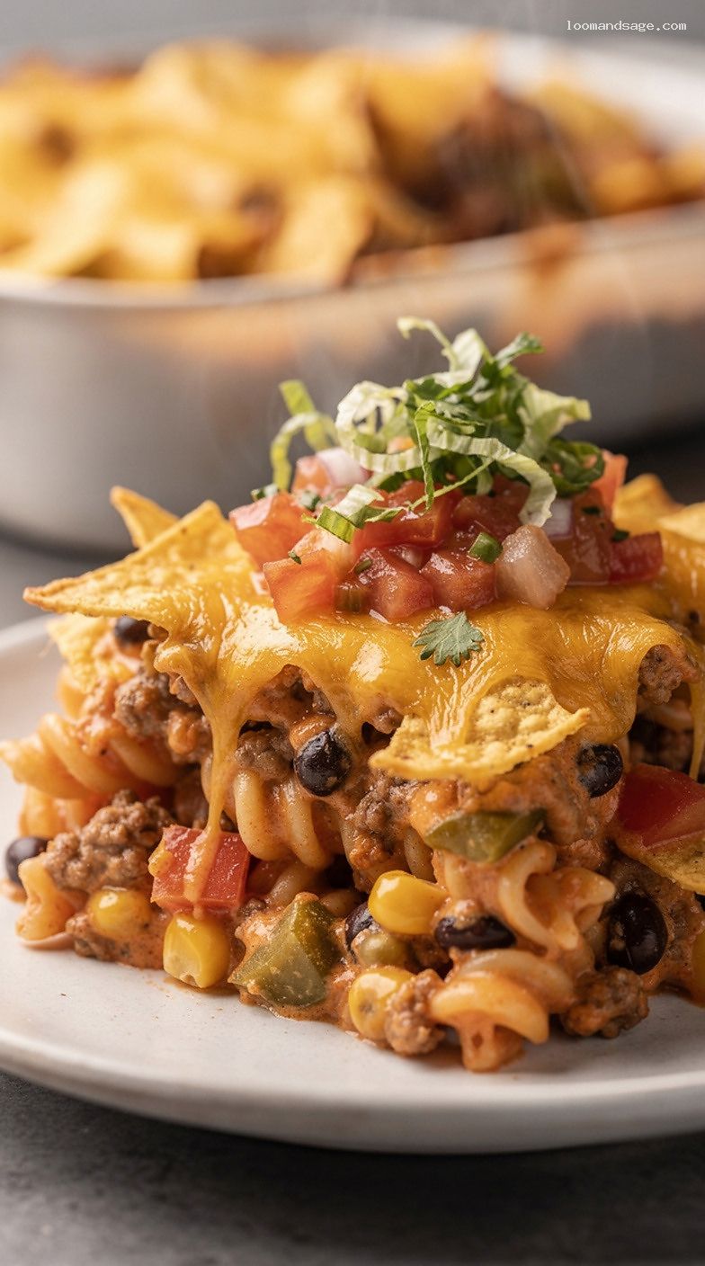 Tex-Mex Taco Pasta Casserole With Cheese and Tortilla Chips – Closeup