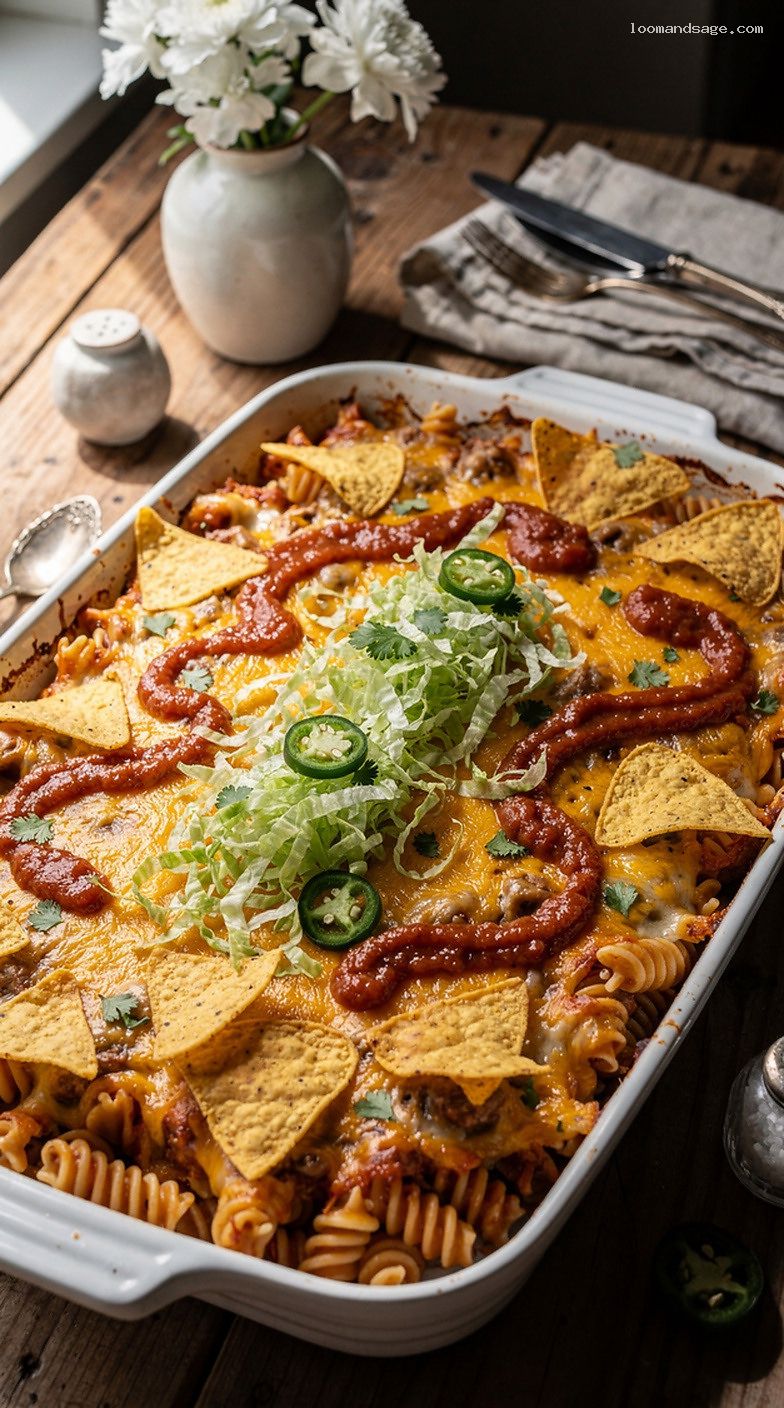 Tex-Mex Taco Pasta Casserole With Cheese and Tortilla Chips