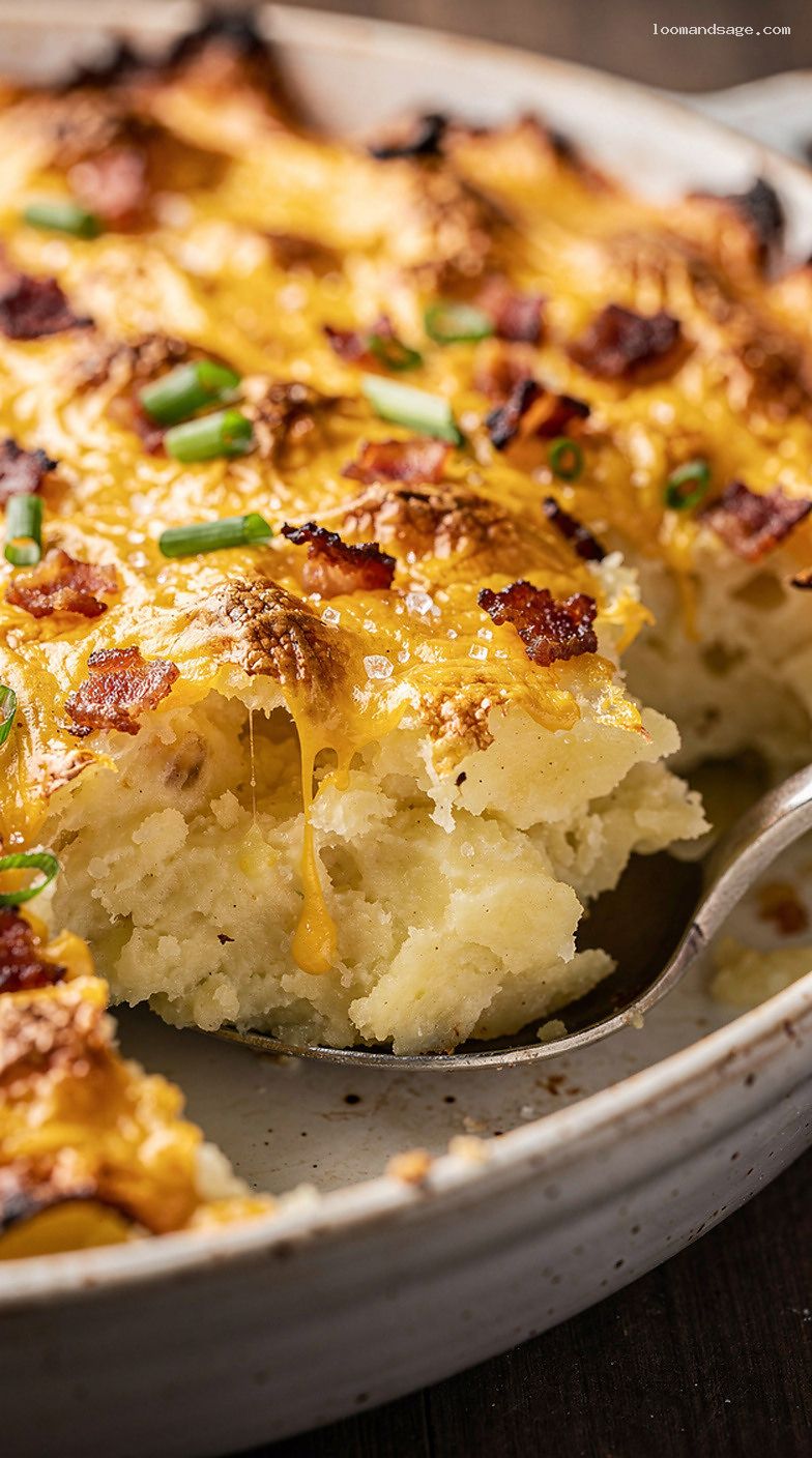 Twice-Baked Potato Casserole With Cheddar, Bacon, and Chives – Closeup